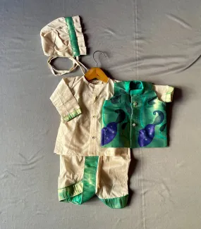 Baby boy set- Rich cotton silk dhoti kurta with premium paithani jacket set with topra- cream and green