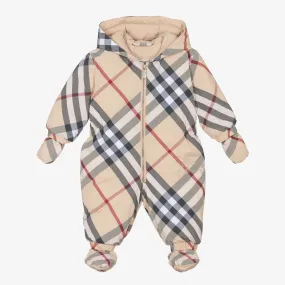 Beige Check Down Padded Baby Snowsuit