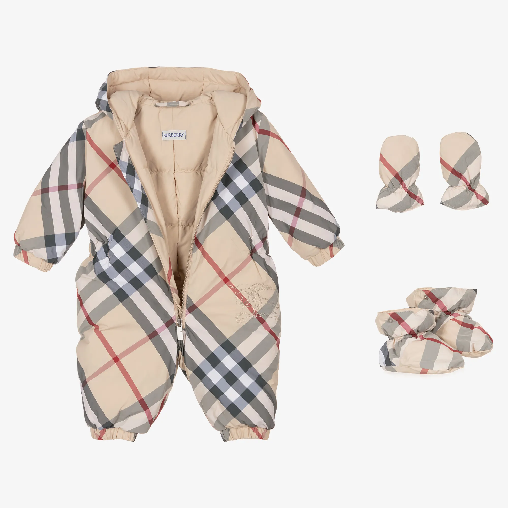 Beige Check Down Padded Baby Snowsuit