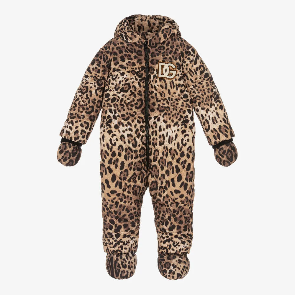 Beige Leopard Print Logo Snowsuit