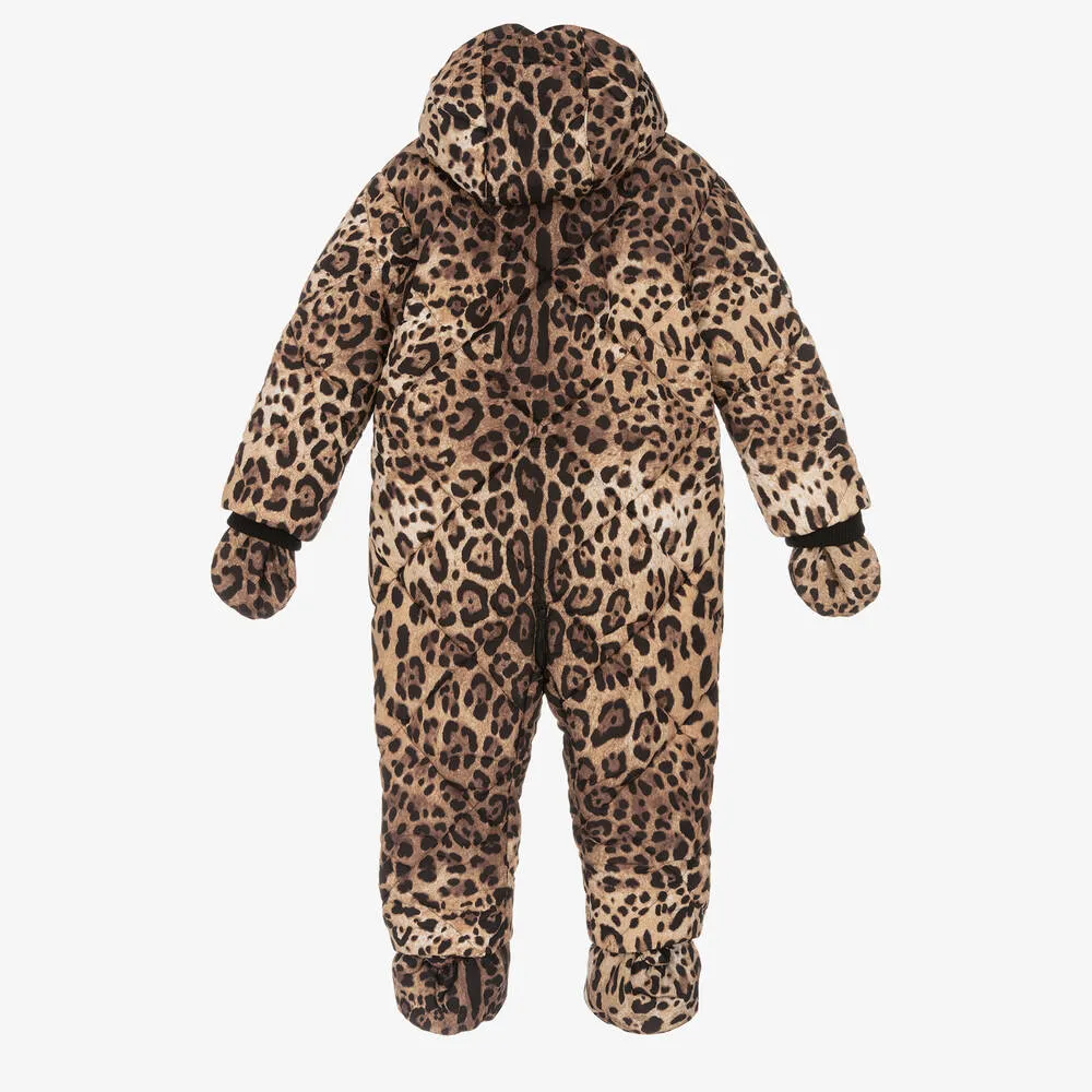 Beige Leopard Print Logo Snowsuit