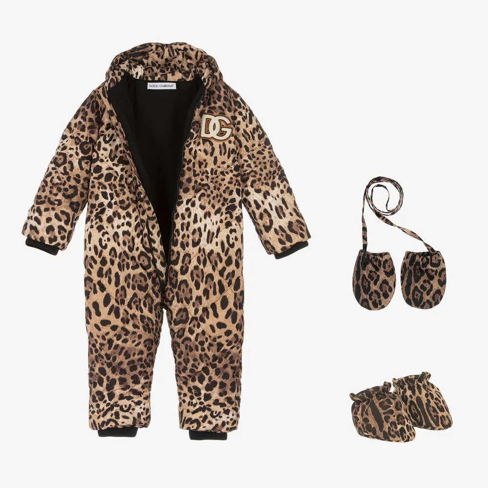 Beige Leopard Print Logo Snowsuit