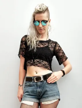 Black relaxed fit lace mesh crop top