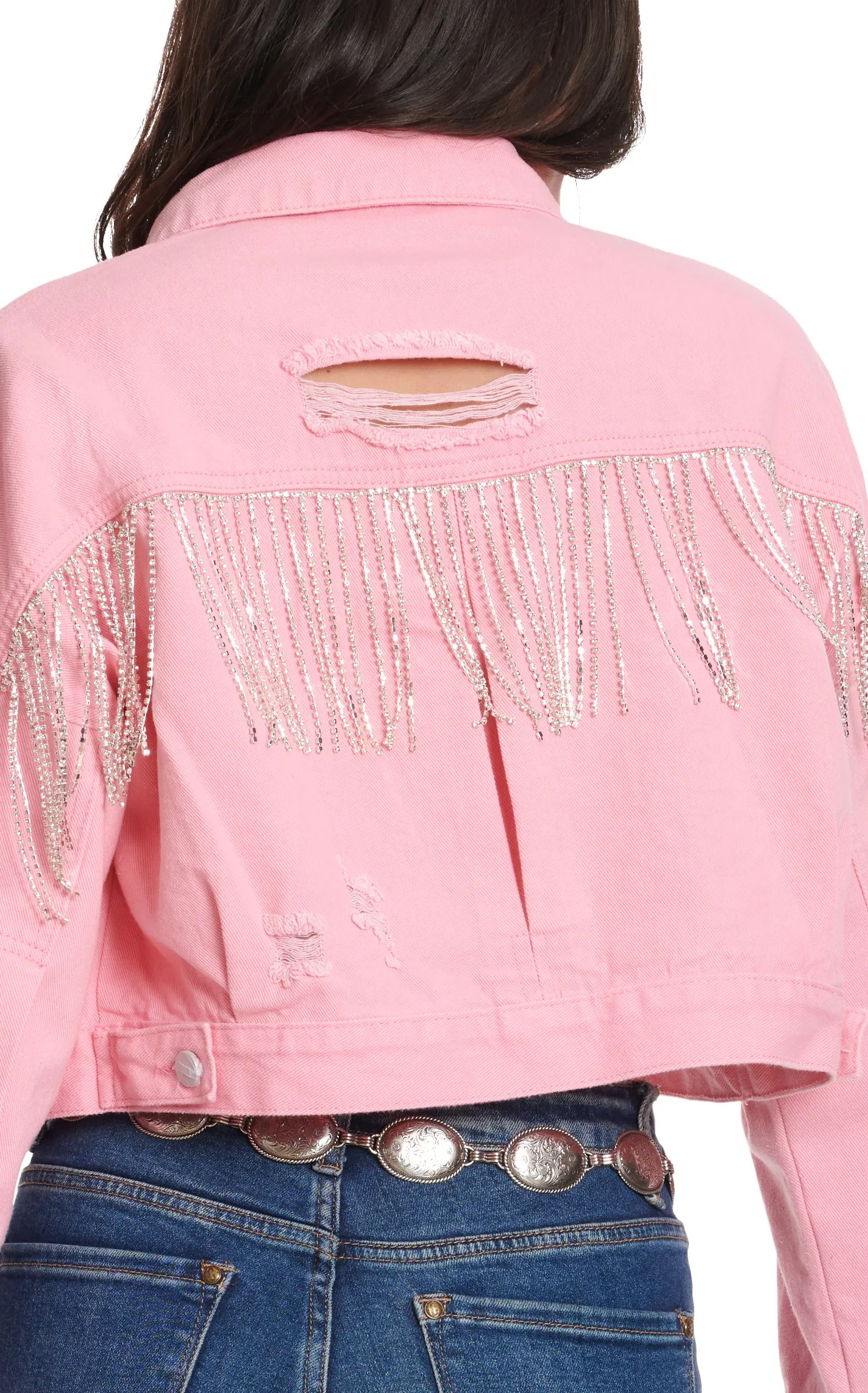 Blue B Women's Pink Distressed  Sparkle Fringed Crop Denim Jacket