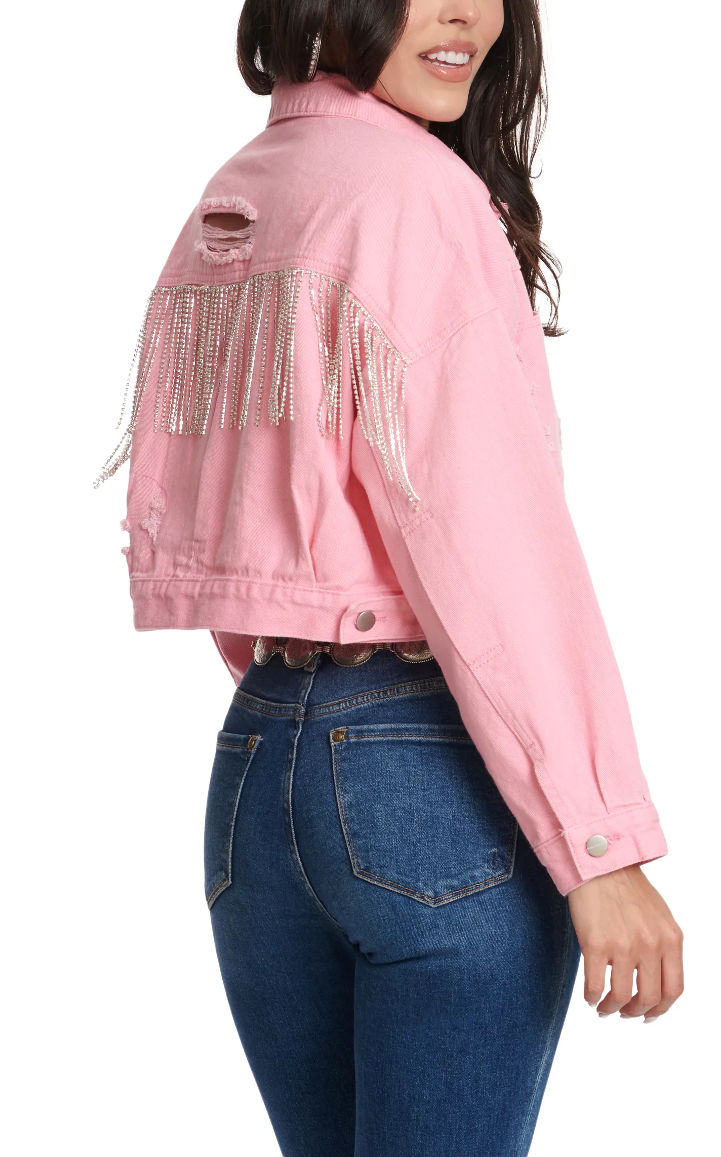 Blue B Women's Pink Distressed  Sparkle Fringed Crop Denim Jacket