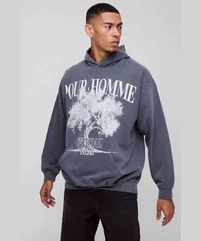 boohoo Mens Oversized Pour Homme Tree Graphic Washed Hoodie