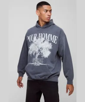 boohoo Mens Oversized Pour Homme Tree Graphic Washed Hoodie