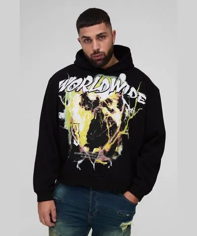 boohoo Mens Plus Oversized Boxy Worldwide Large Scale Print Hoodie