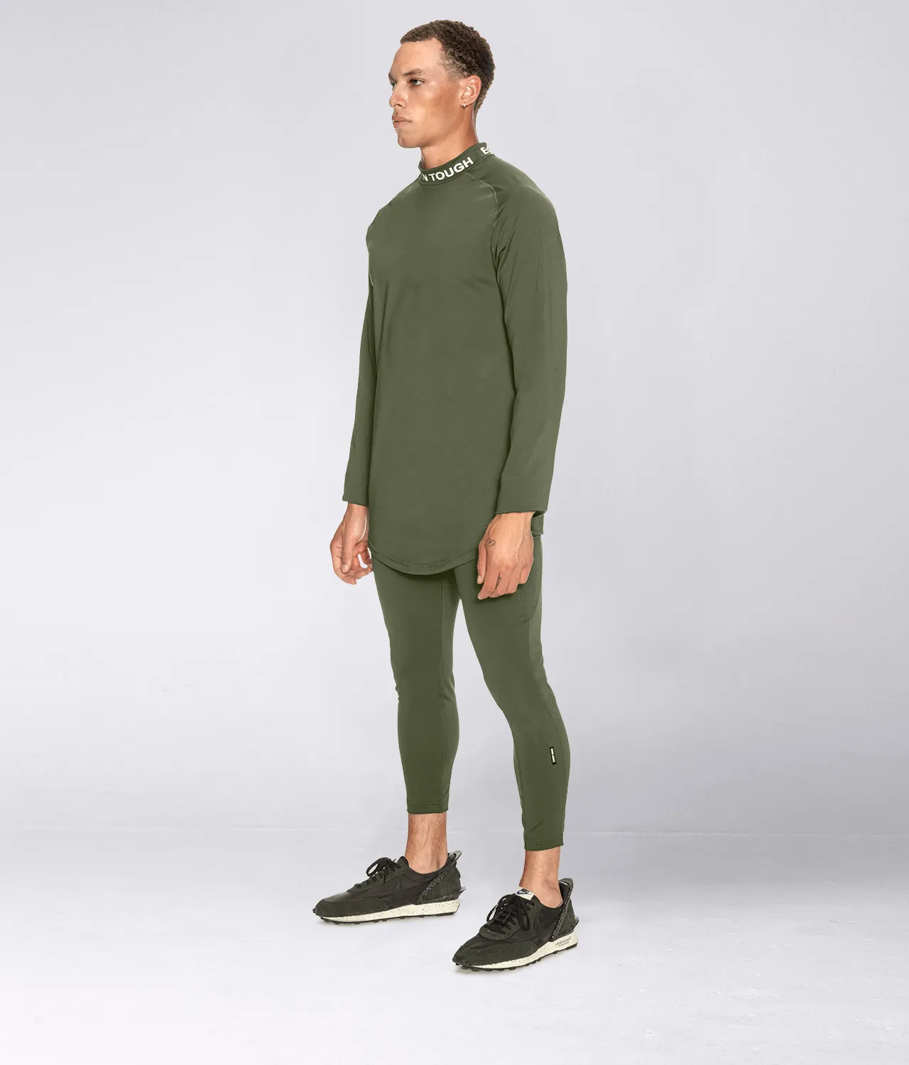 Born Tough Mock Neck Long Sleeve Base Layer Running Shirt For Men Military Green