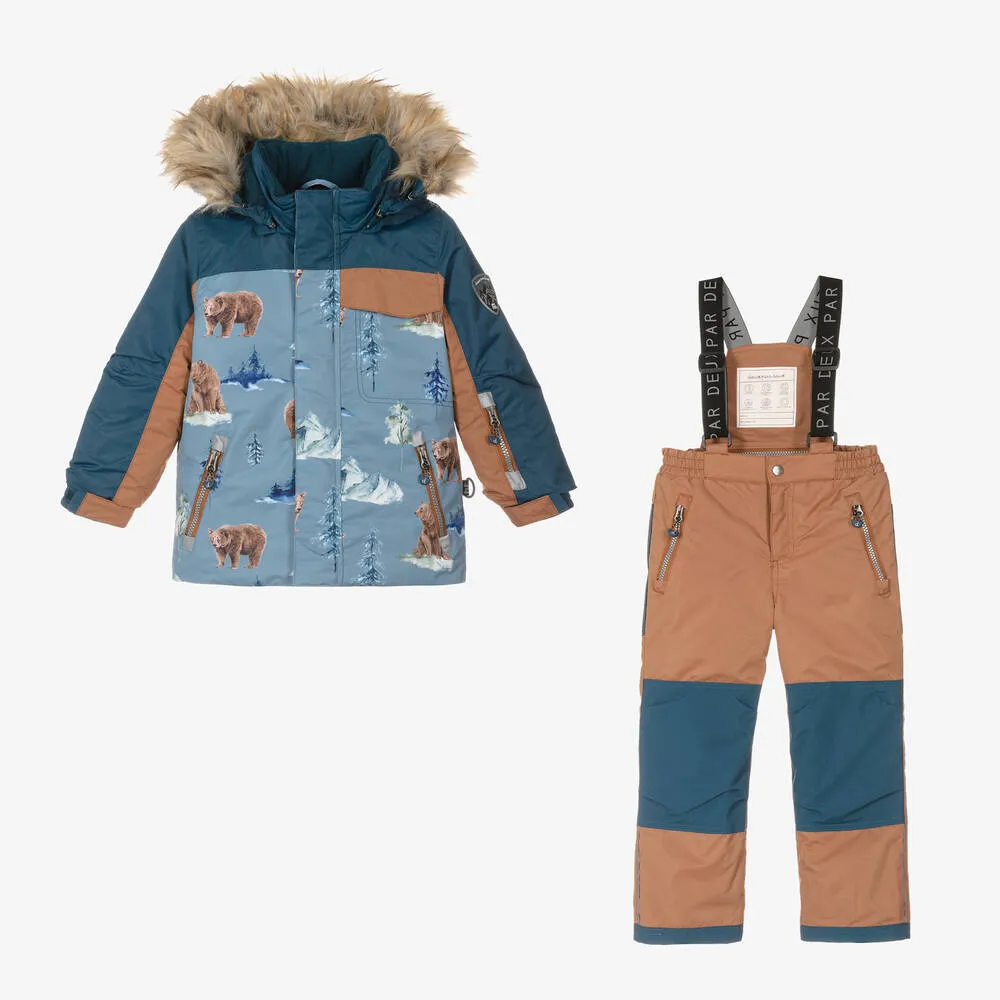 Boys Blue & Brown Bear Snowsuit Set