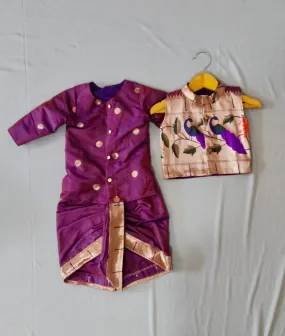 Boy's wine premium Paithani with munia border dhoti kurta with jacket