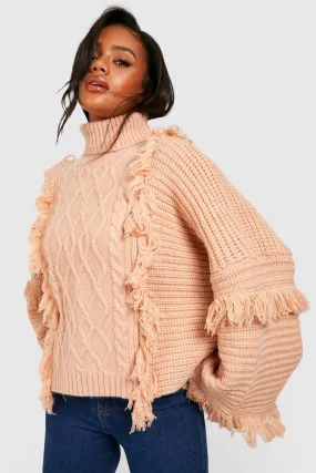 Chunky Cable Tassel Turtleneck Sweater