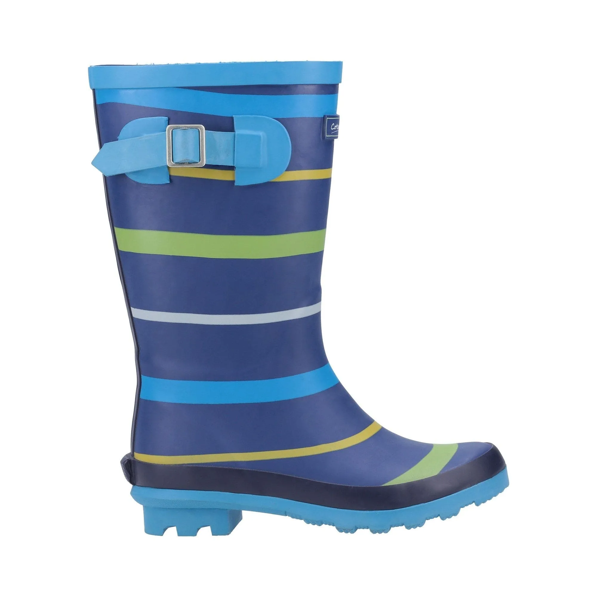 Cotswold Stripe Kids Wellington Boots - Blue/Green/Yellow