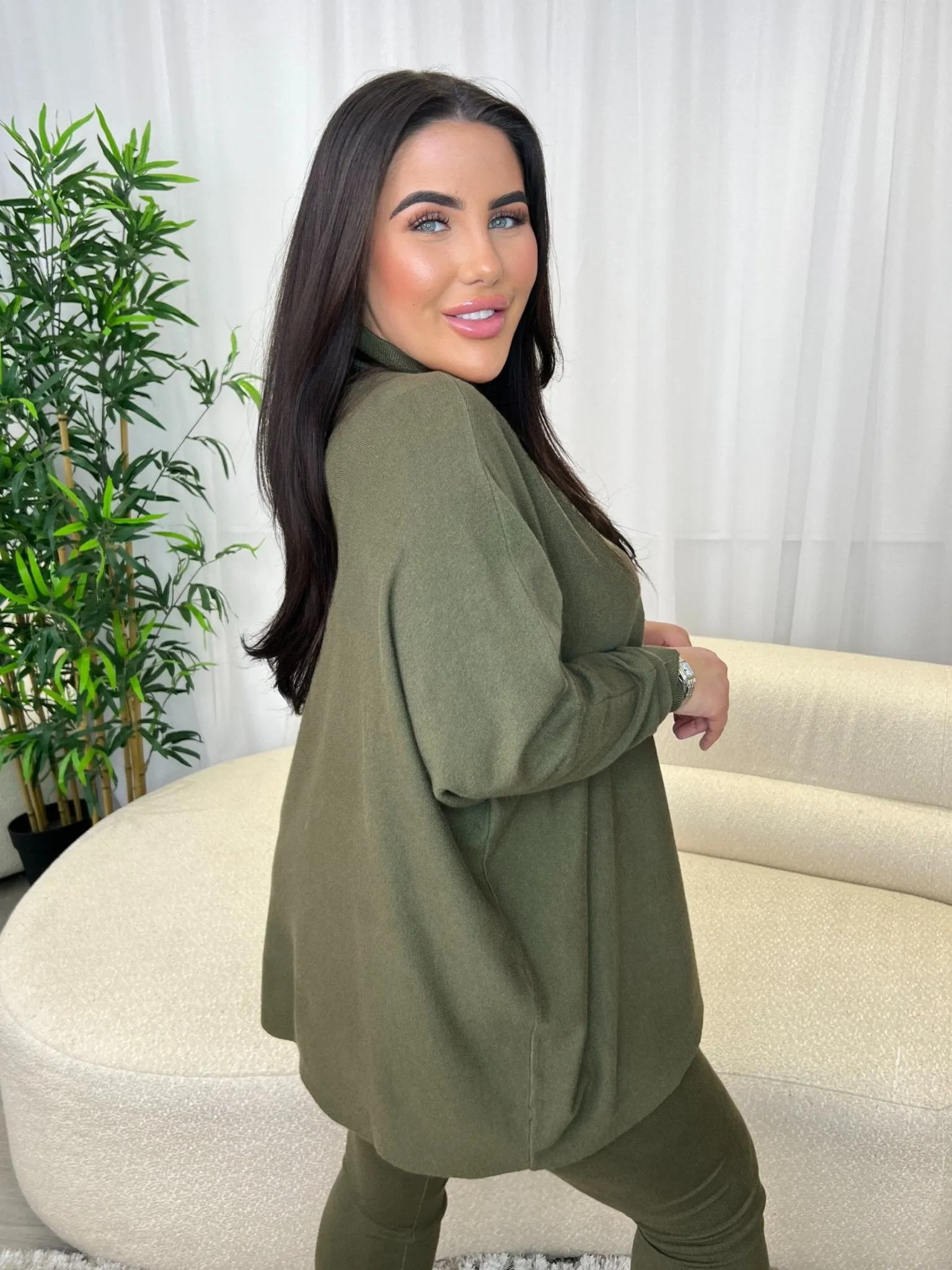 Curve Khaki High Neck Batwing Lounge Set