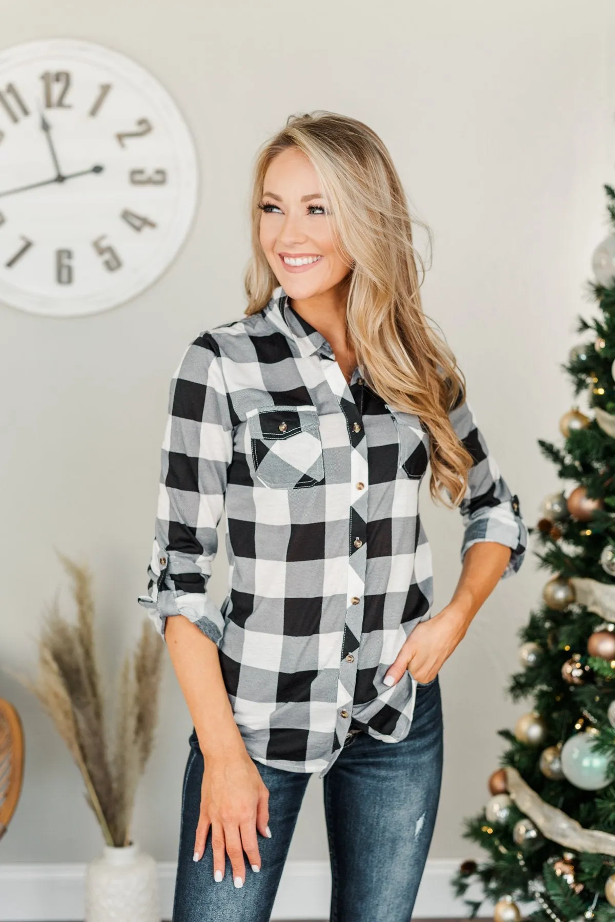 Fall Into The Night Plaid Button Top- Black & White