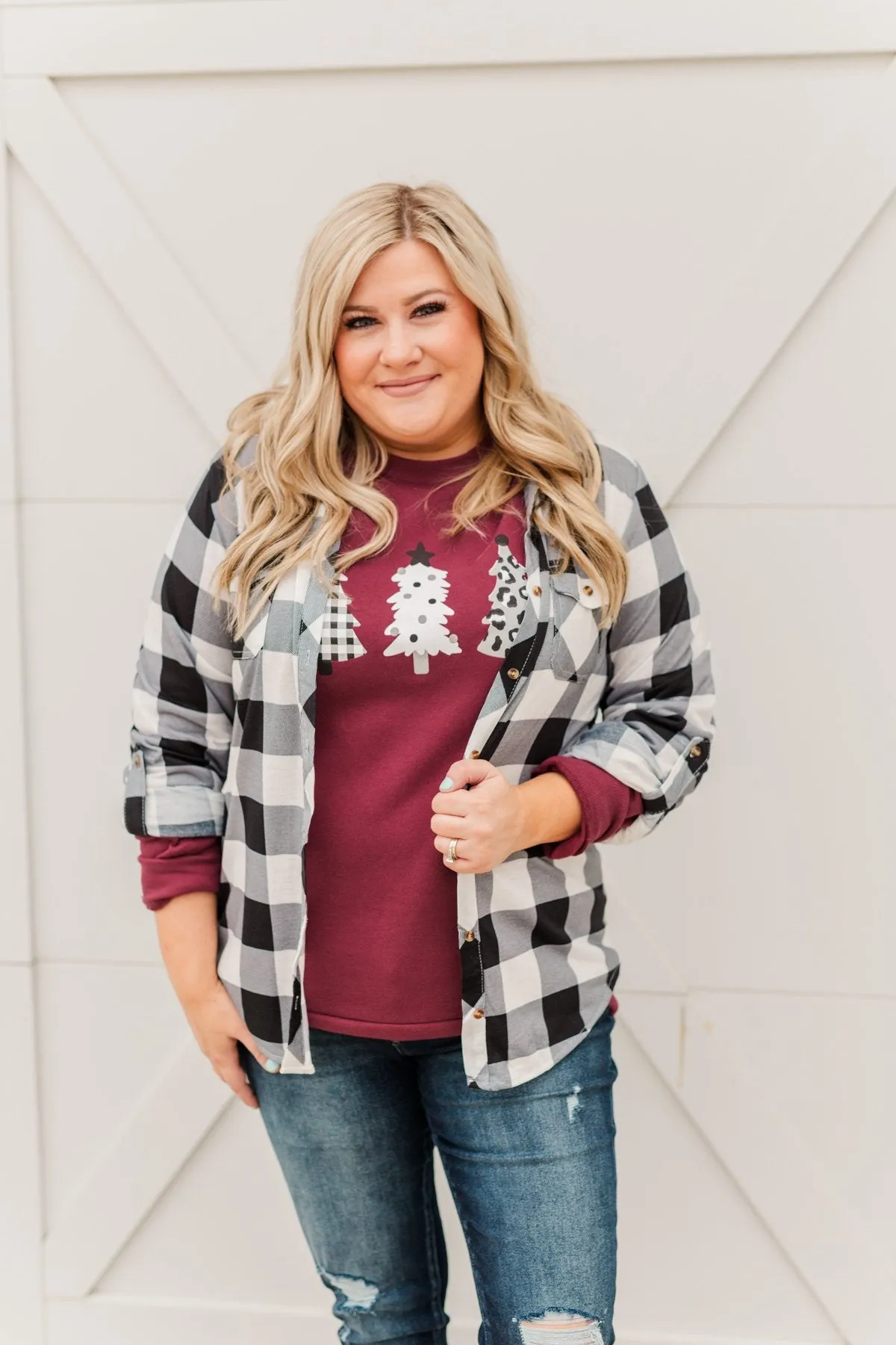 Fall Into The Night Plaid Button Top- Black & White