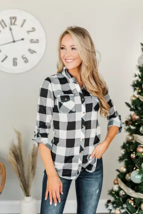 Fall Into The Night Plaid Button Top- Black & White