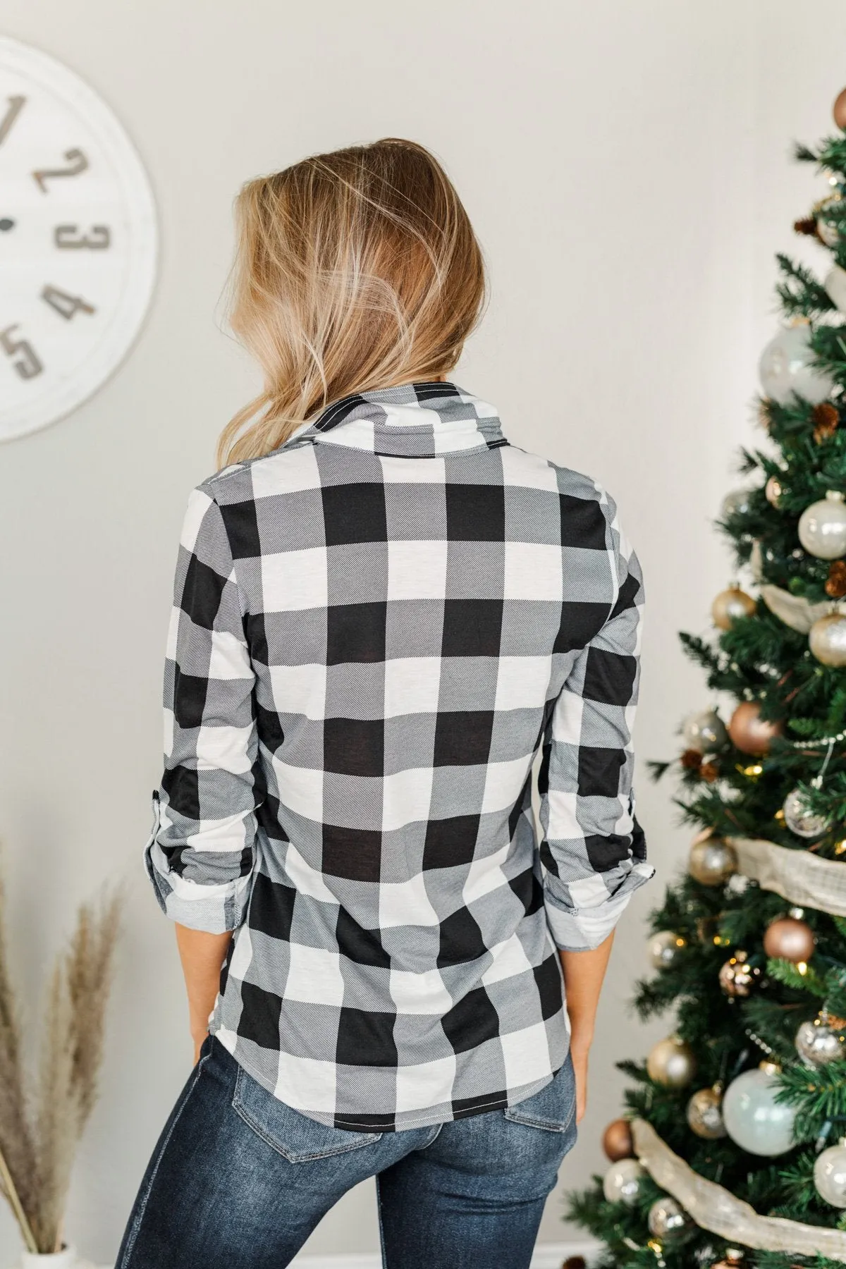 Fall Into The Night Plaid Button Top- Black & White