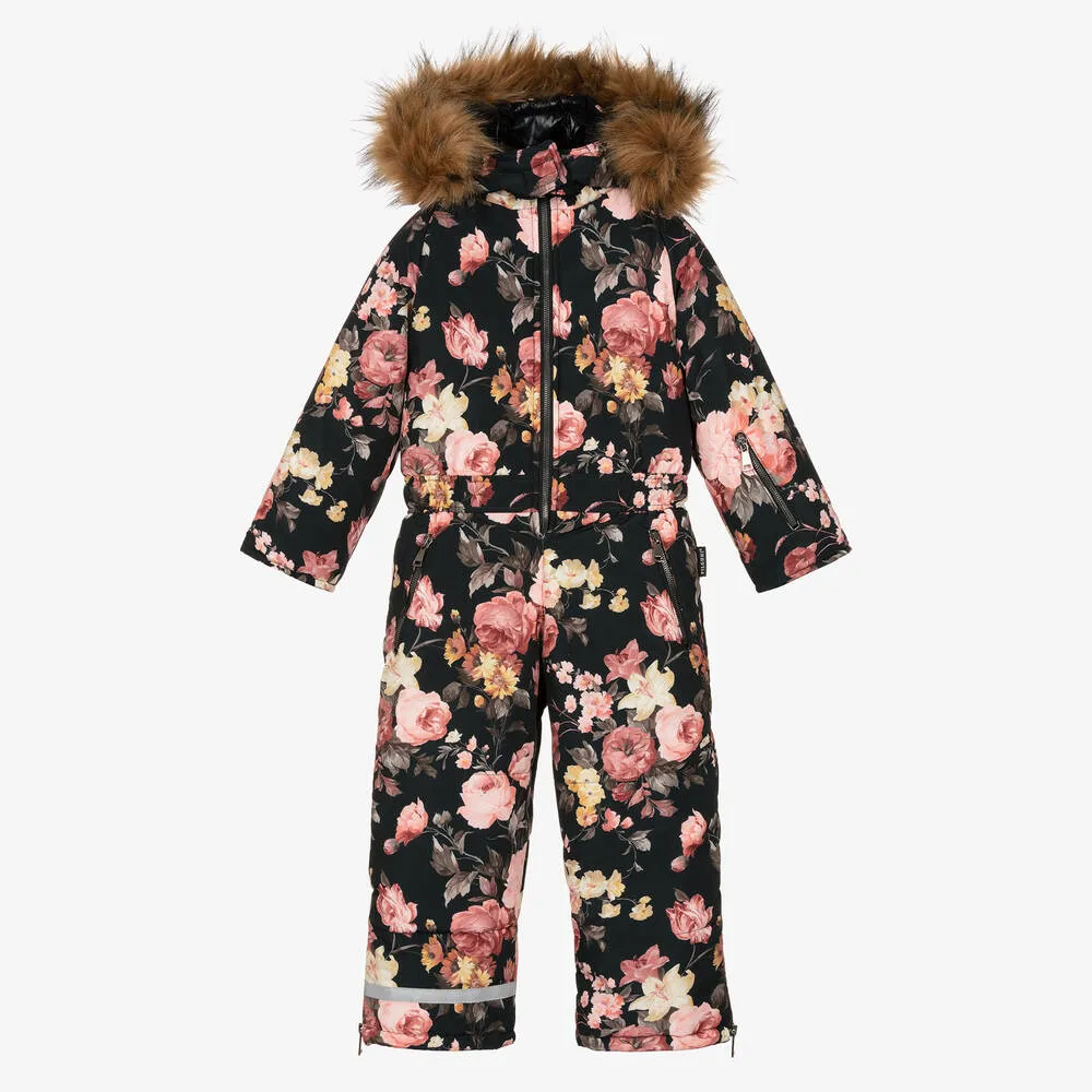 Girls Black Floral Snowsuit