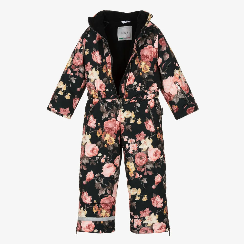 Girls Black Floral Snowsuit