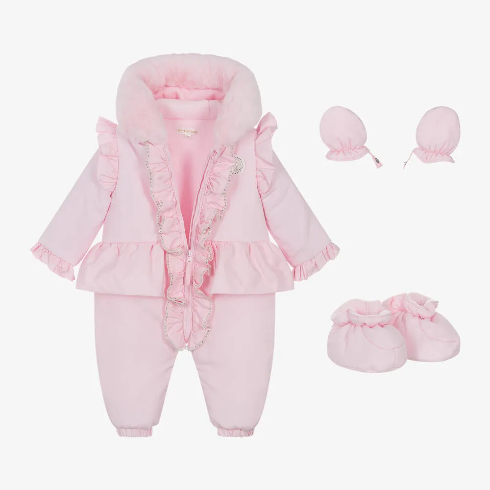 Girls Pink Padded Diamanté Snowsuit