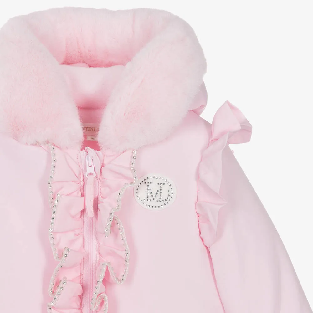 Girls Pink Padded Diamanté Snowsuit