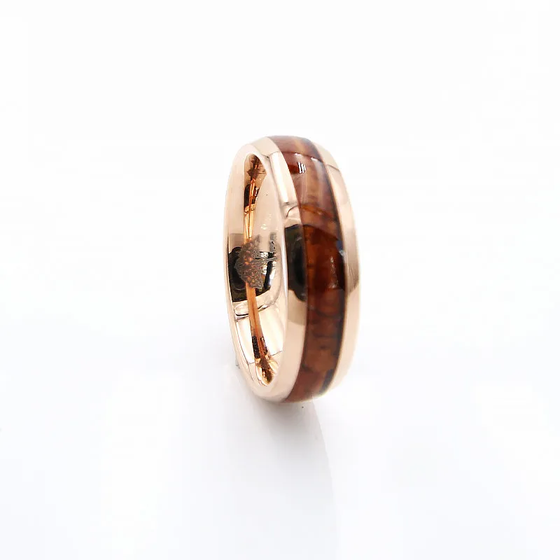 Koa Wood Rose Gold Tungsten Ring Rounded 6mm