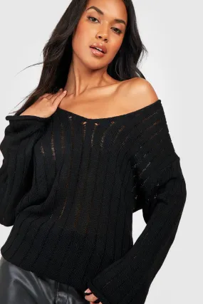 Ladder Knit V Neck Sweater