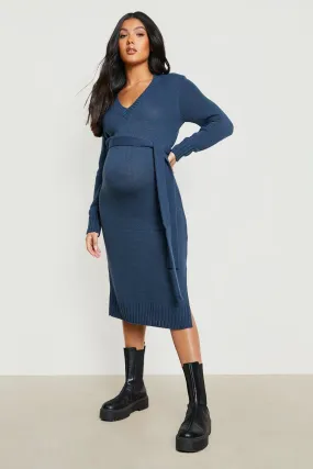 Maternity V Neck Sweater Midi Dress