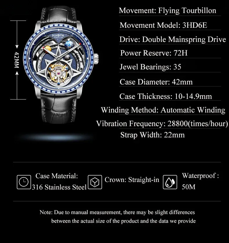 Men's Double Mainspring Drive Flying Tourbillon Automatic Luminous Watch