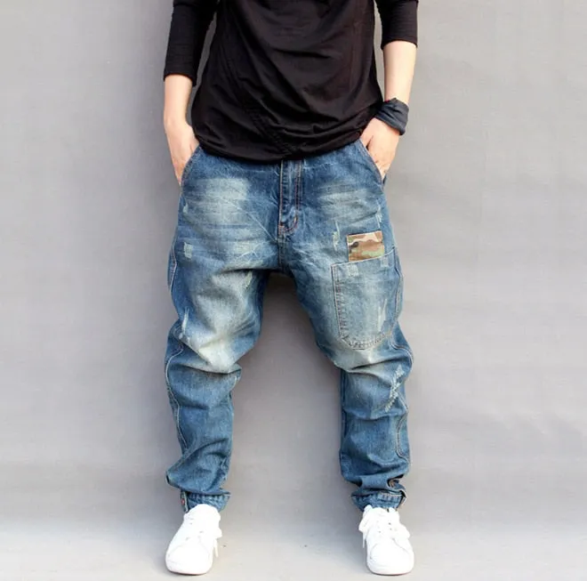 Men's Hip Hop Mid Waist Streetwear Loose Fit Denim Harlan Harem Pants