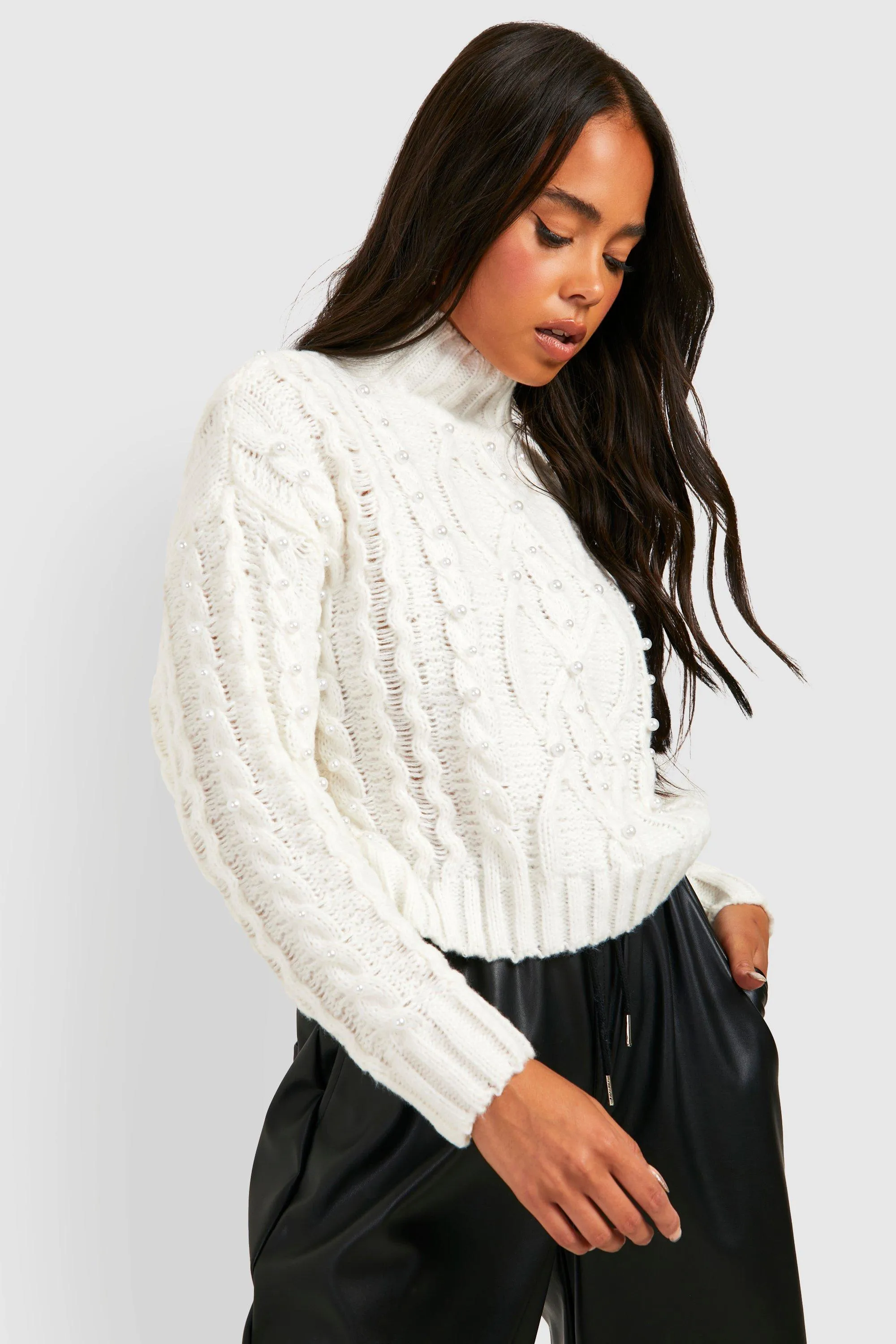 Petite Cable Pearl Detail High Neck Sweater