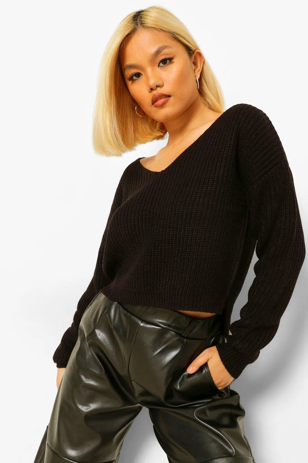 Petite Cropped Fisherman V-Neck Sweater