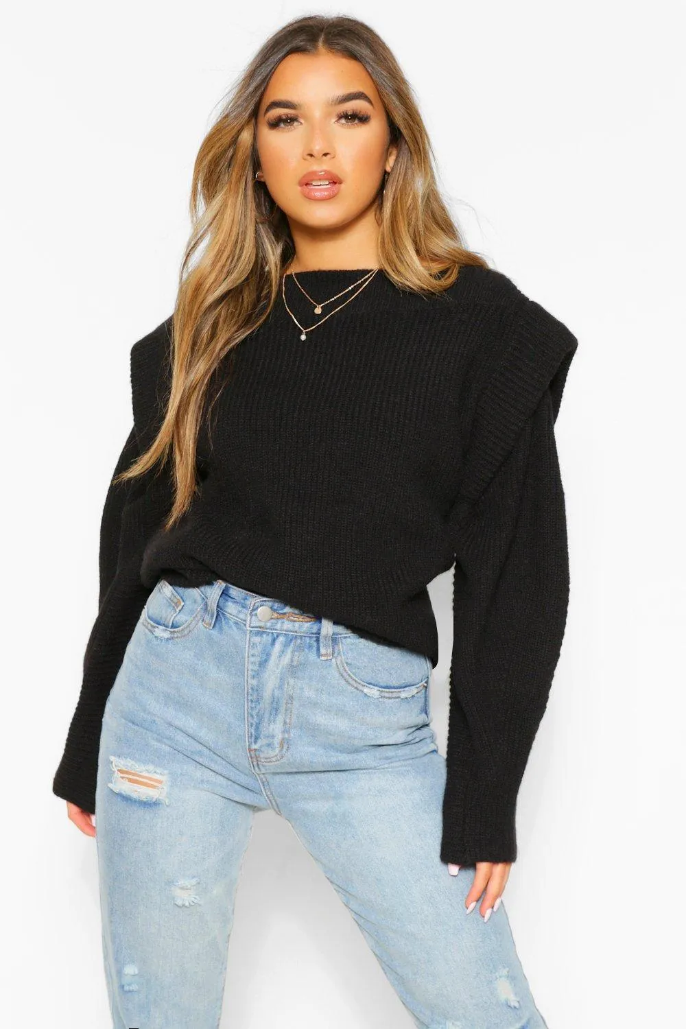 Petite Knitted Cap Shoulder Long Sleeve Sweater