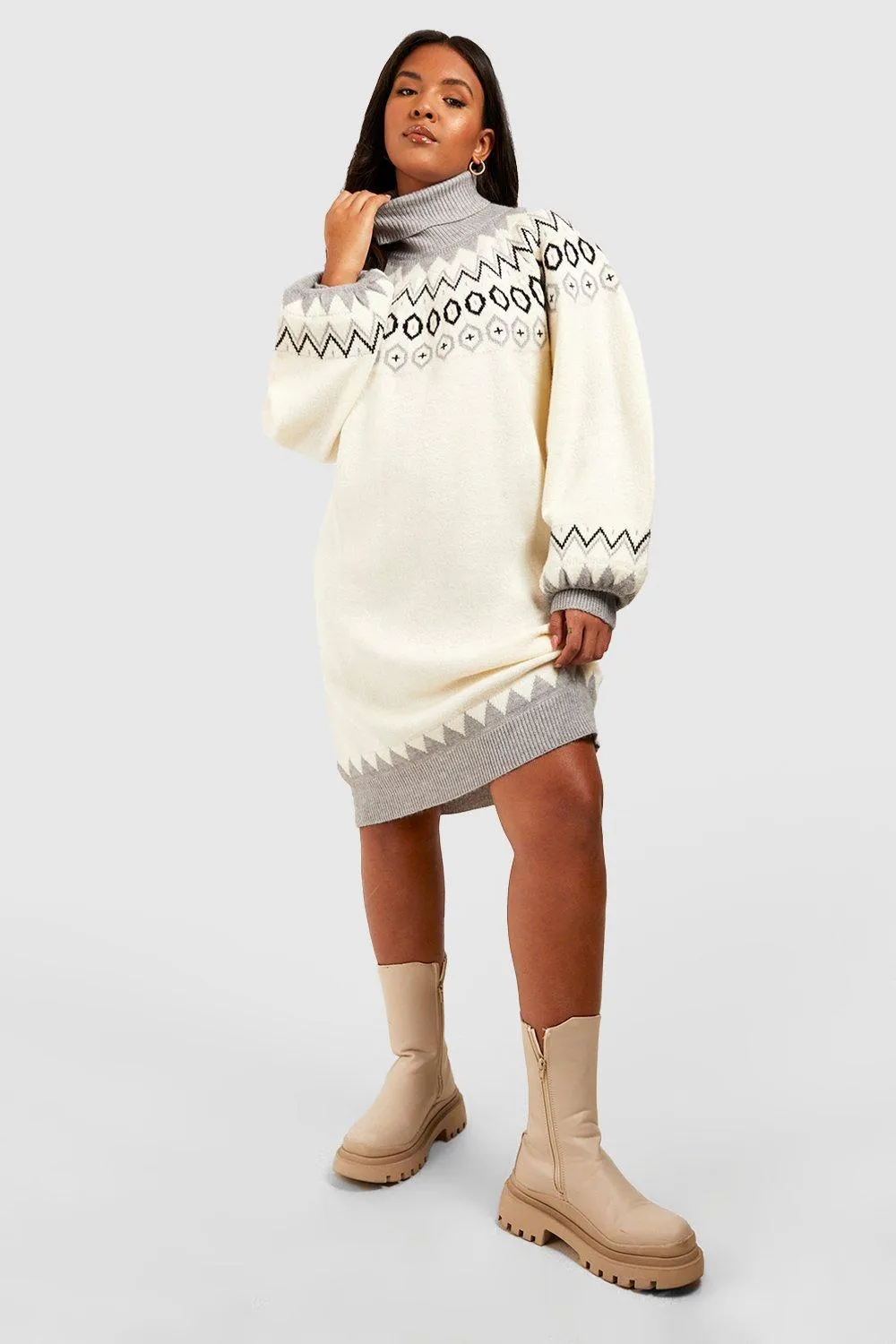 Plus Fairisle Turtleneck Knitted Sweater Dress