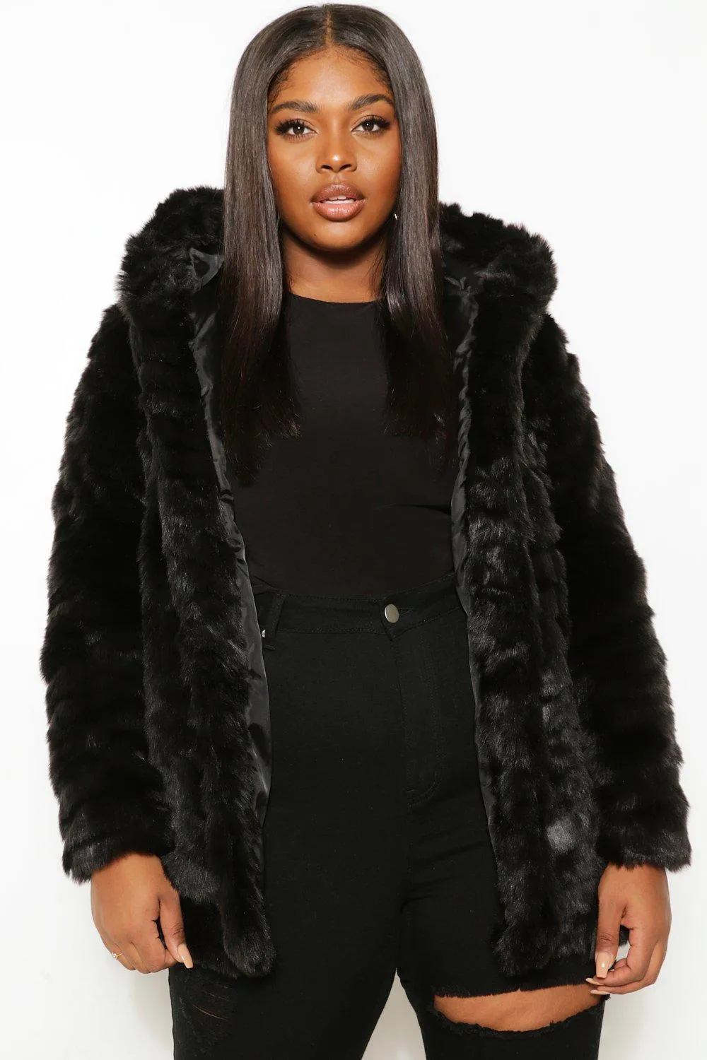 Plus Faux Fur Hooded Longline Coat