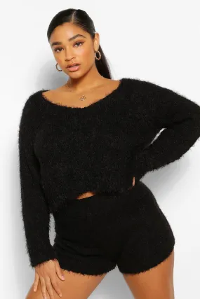 Plus Fluffy Knitted Sweater And Short Lounge Set