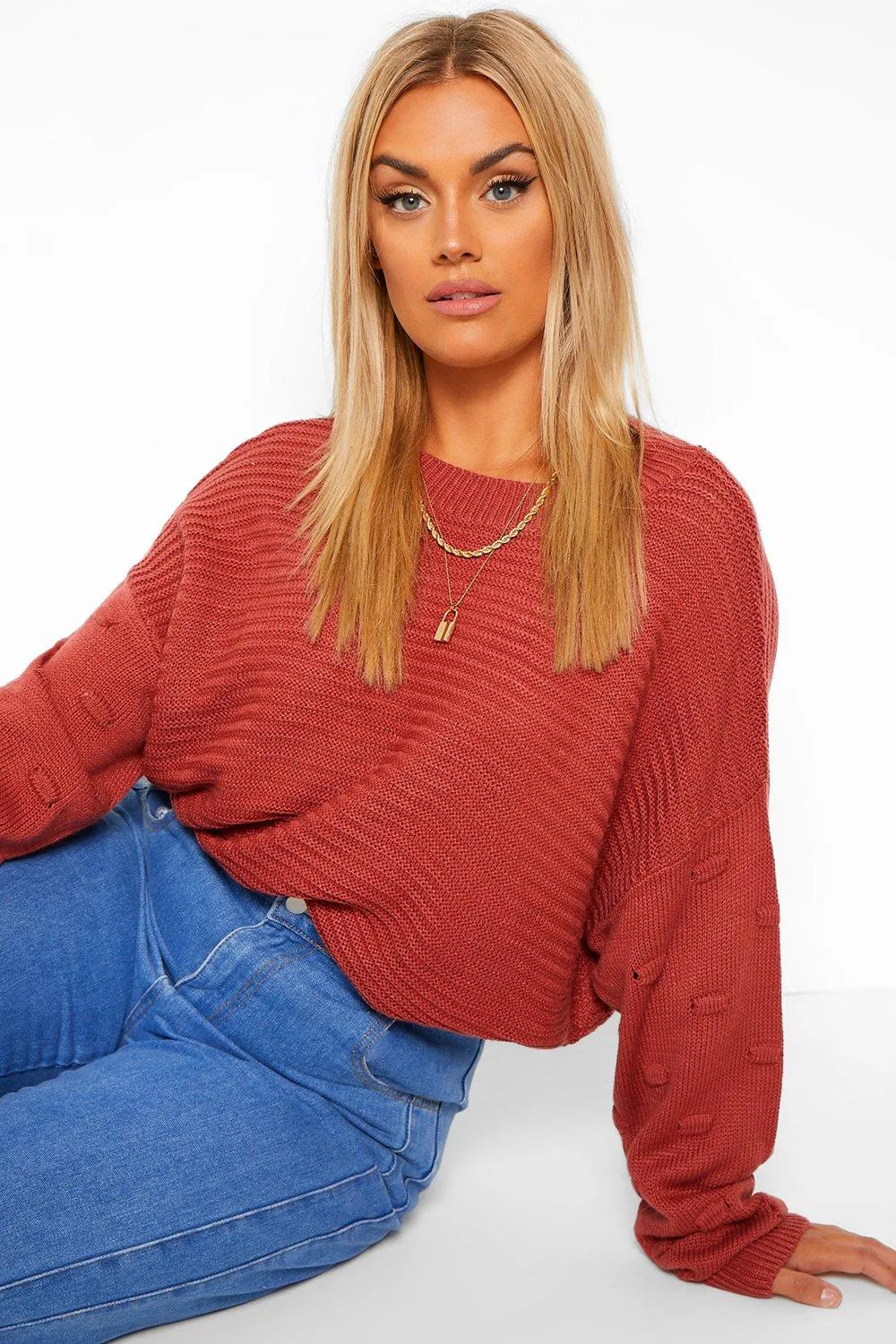 Plus Oversized Bobble Sleeve Knitted Sweater