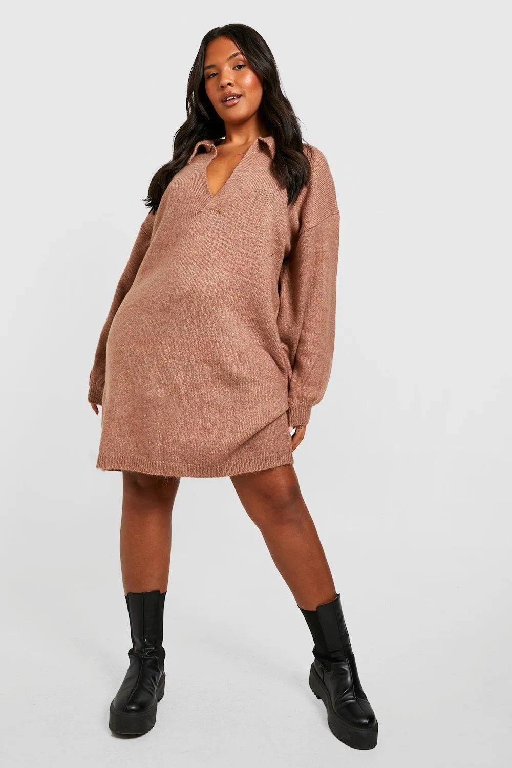 Plus Polo Neck Oversized Knitted Sweater Dress