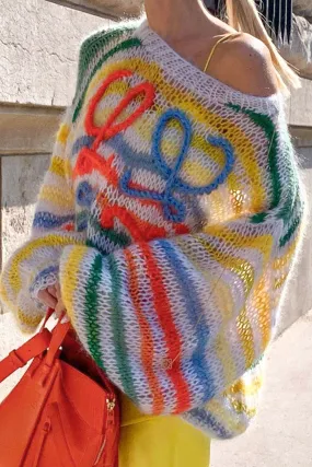 Rainbow Contrast Crochet Sweater