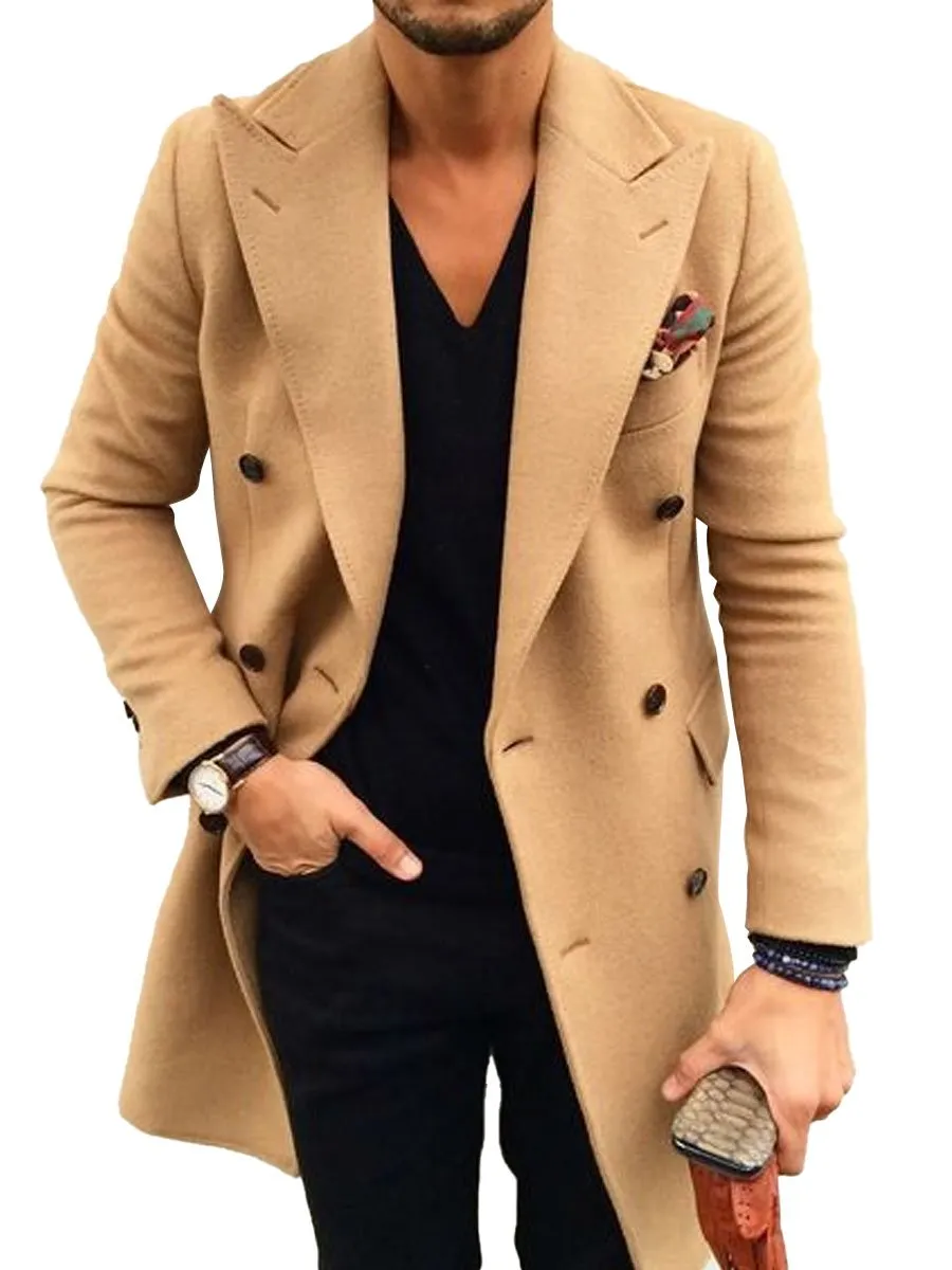 Retro Solid Color 3-Pocket Double-Breasted Lapel Casual Woolen Coat