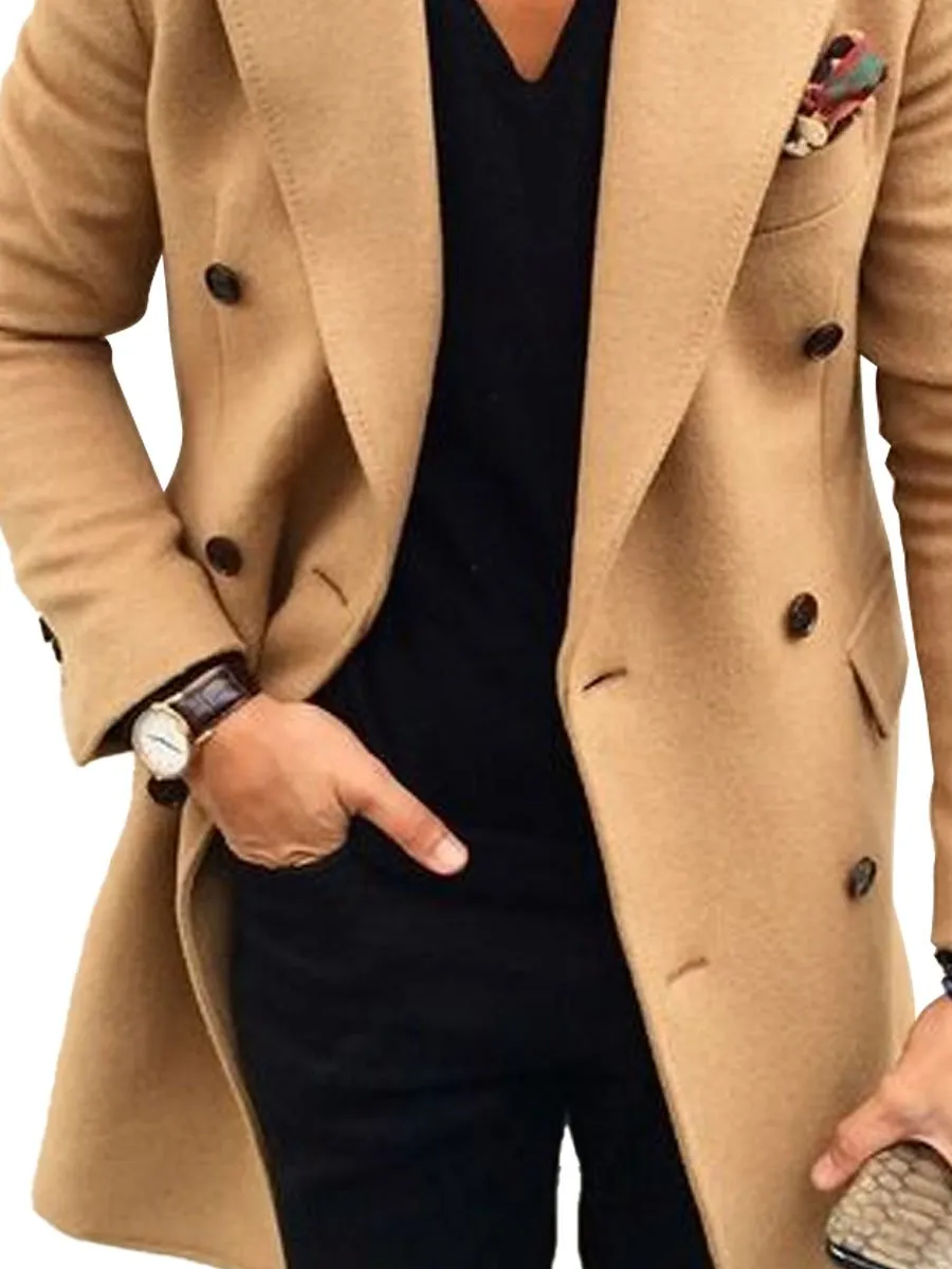 Retro Solid Color 3-Pocket Double-Breasted Lapel Casual Woolen Coat