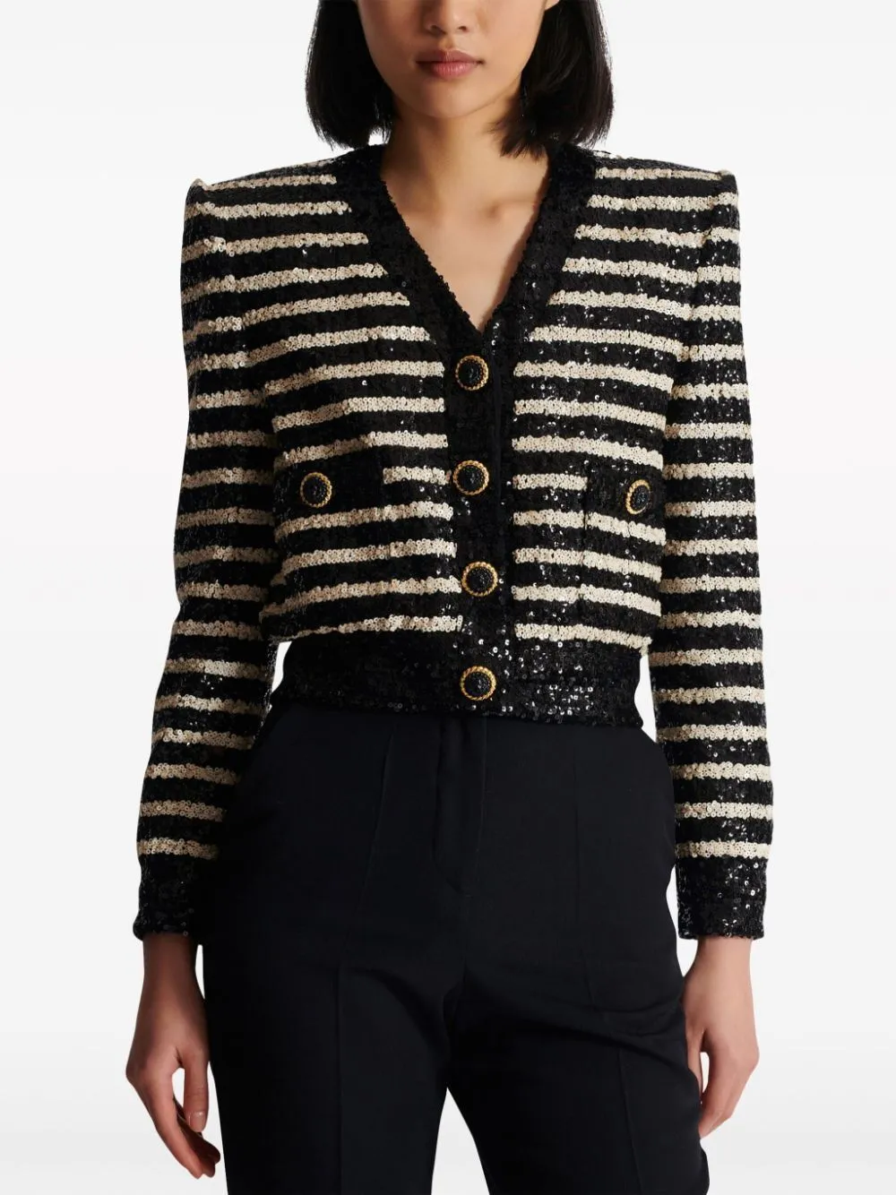 SHORT BLACK/WHITE STRIPED JACKET WITH SEQUINS