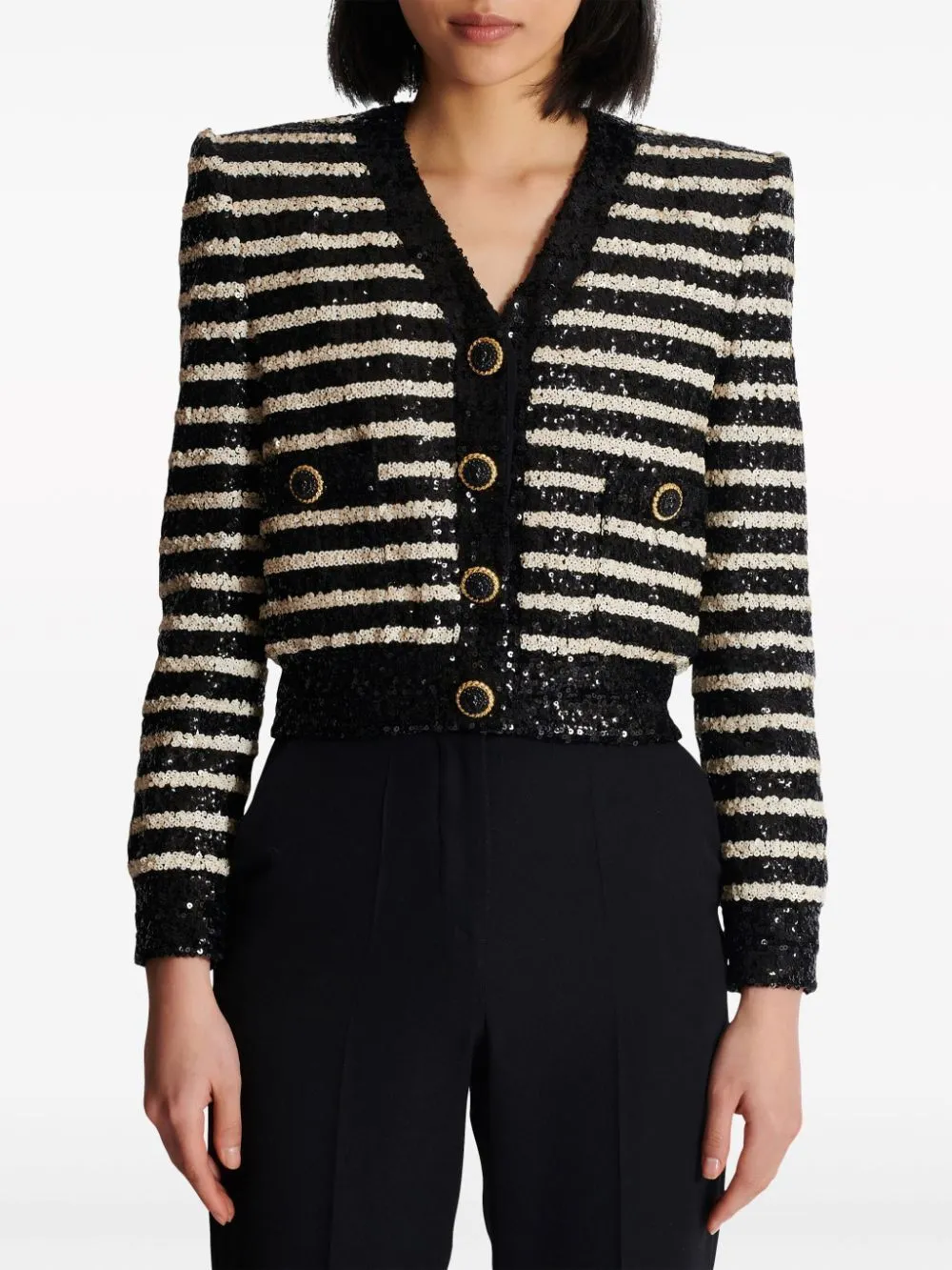 SHORT BLACK/WHITE STRIPED JACKET WITH SEQUINS