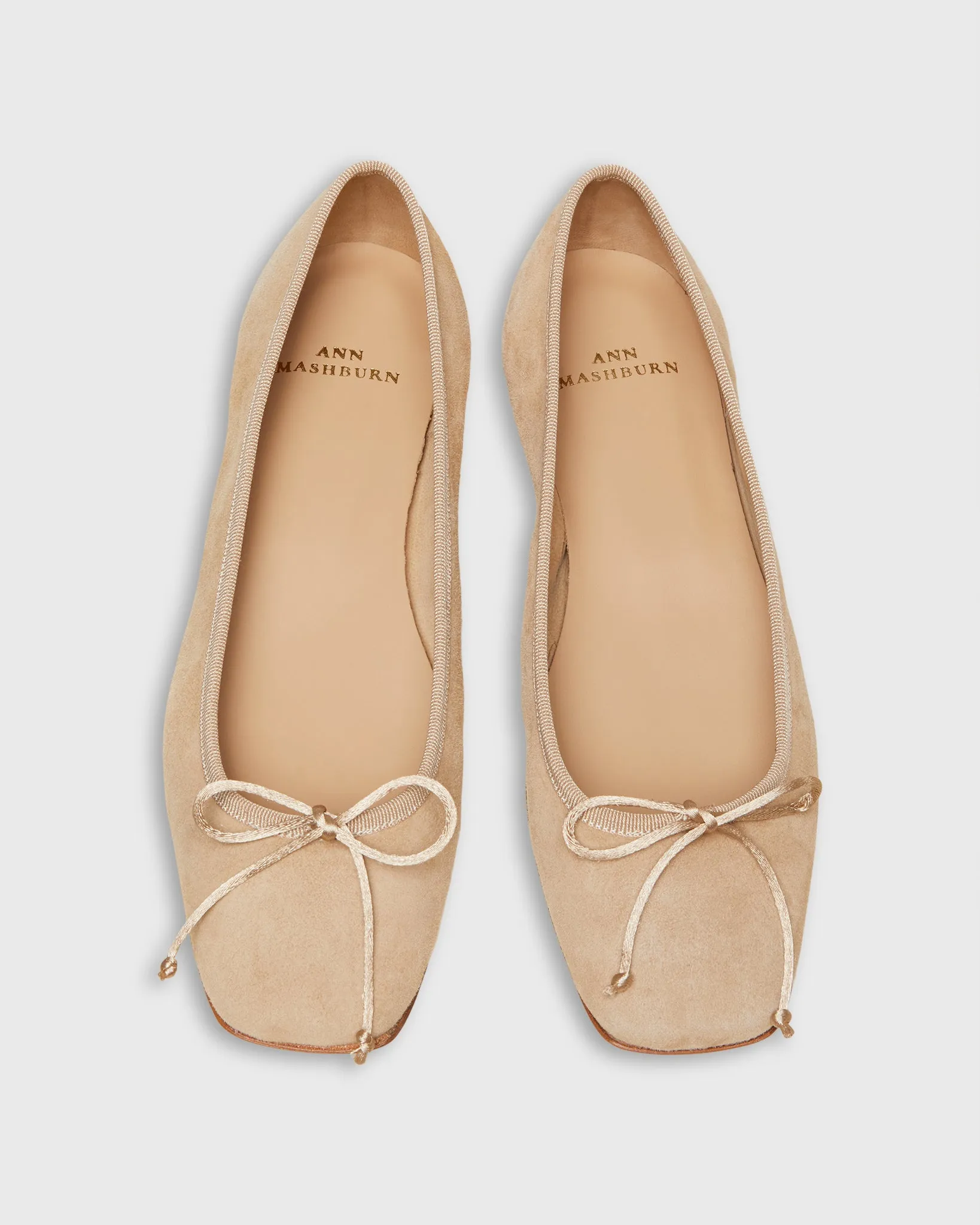 Square-Toe Ballet Flat in Camel Suede