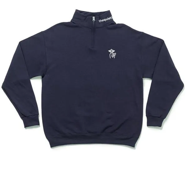 THE QUIET LIFE QUIET SHHH 1/4 ZIP EMBROIDERED MOCK NECK FLEECE // NAVY