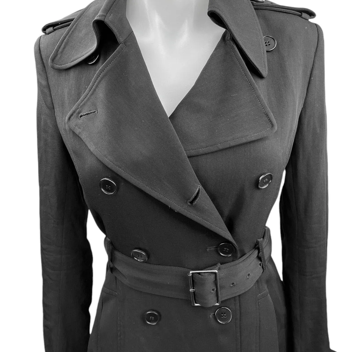 Theory Womens Black Wool Silk Double Breasted Belted Trench Coat Jacket Size P