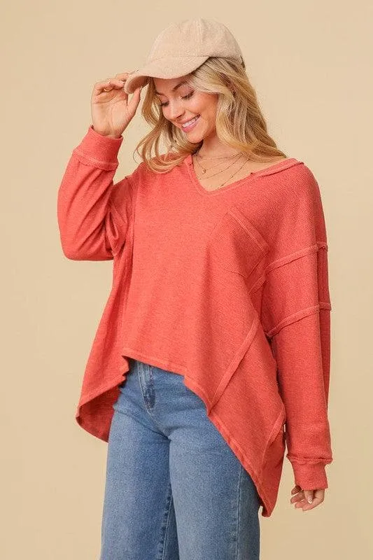 TIMING Thermal High Low V-Neck Oversized Top
