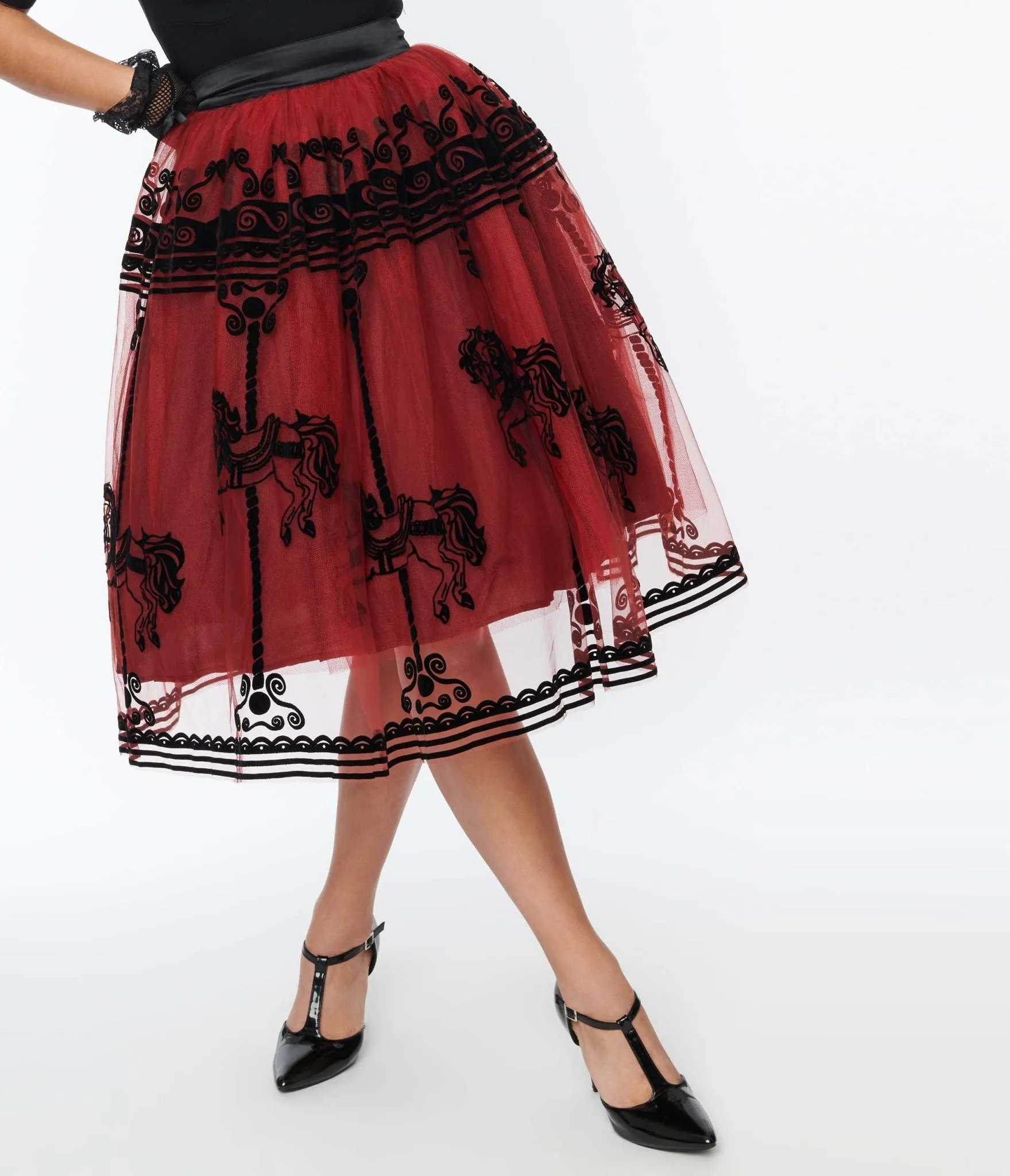 Unique Vintage Burgundy Carousel Brilliance Swing Skirt