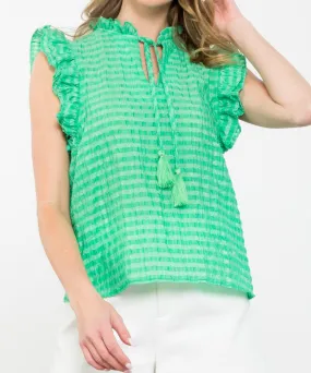 V-Neck Check Top with Ruffle Sleeves - Green